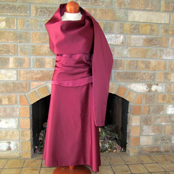 EVENING GOWN, 16, HALTER TOP + ELEGANT STOLE + LONG SKIRT -  BURGUNDY 3-PIECE - Picture 8 of 8